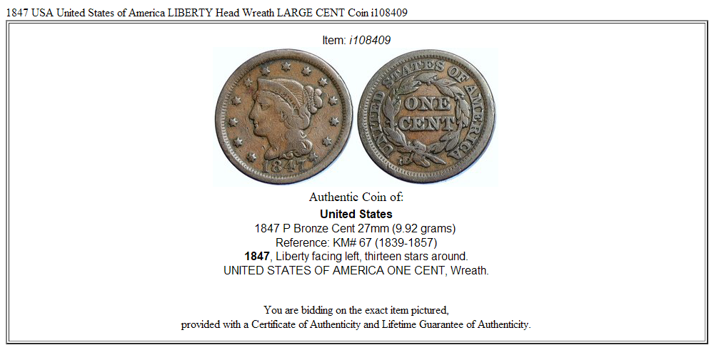 1847 USA United States of America LIBERTY Head Wreath LARGE CENT Coin i108409