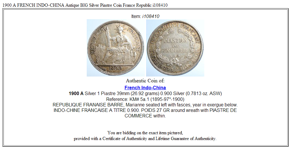 1900 A FRENCH INDO-CHINA Antique BIG Silver Piastre Coin France Republic i108410