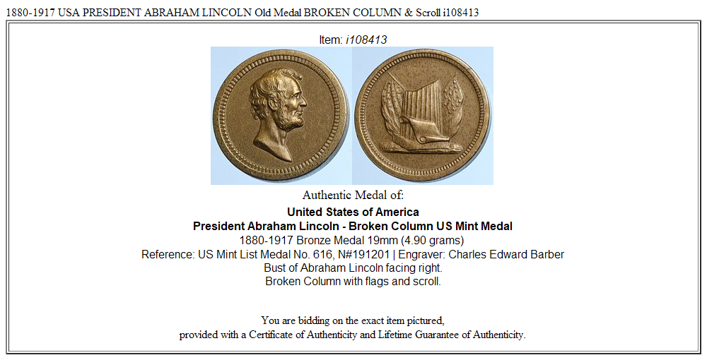 1880-1917 USA PRESIDENT ABRAHAM LINCOLN Old Medal BROKEN COLUMN & Scroll i108413