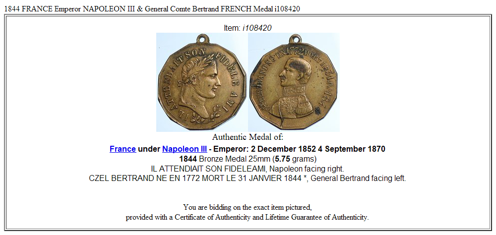 1844 FRANCE Emperor NAPOLEON III & General Comte Bertrand FRENCH Medal i108420