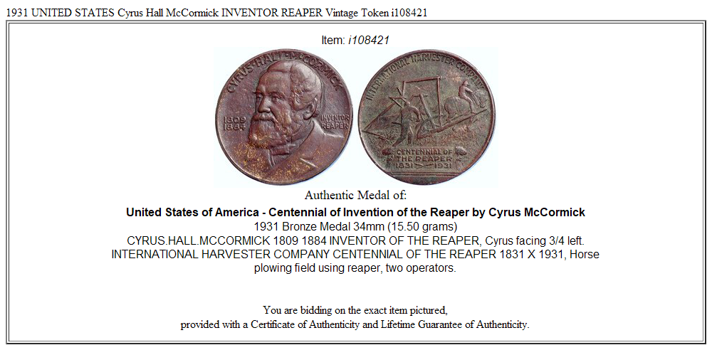 1931 UNITED STATES Cyrus Hall McCormick INVENTOR REAPER Vintage Token i108421