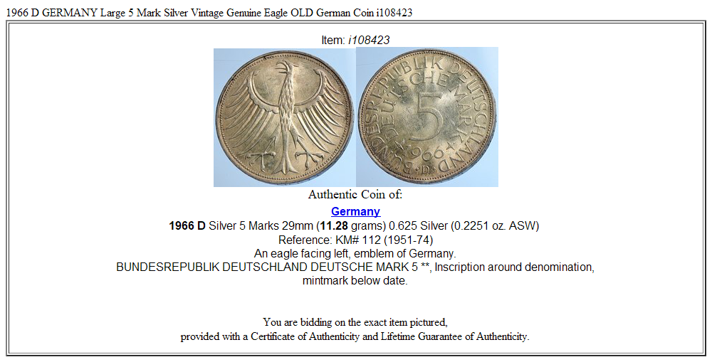 1966 D GERMANY Large 5 Mark Silver Vintage Genuine Eagle OLD German Coin i108423