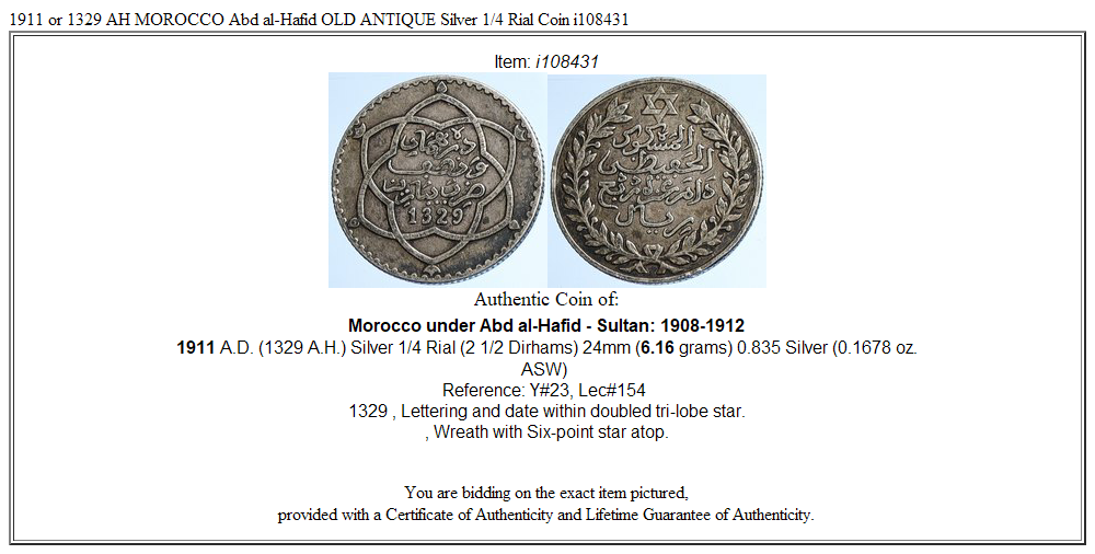 1911 or 1329 AH MOROCCO Abd al-Hafid OLD ANTIQUE Silver 1/4 Rial Coin i108431