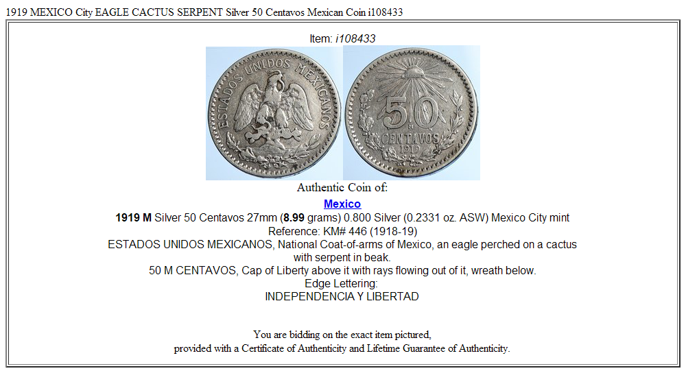 1919 MEXICO City EAGLE CACTUS SERPENT Silver 50 Centavos Mexican Coin i108433