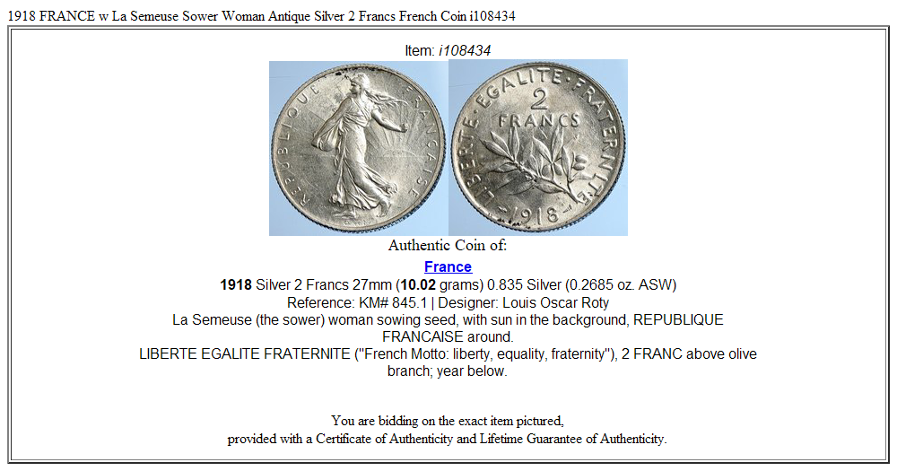 1918 FRANCE w La Semeuse Sower Woman Antique Silver 2 Francs French Coin i108434