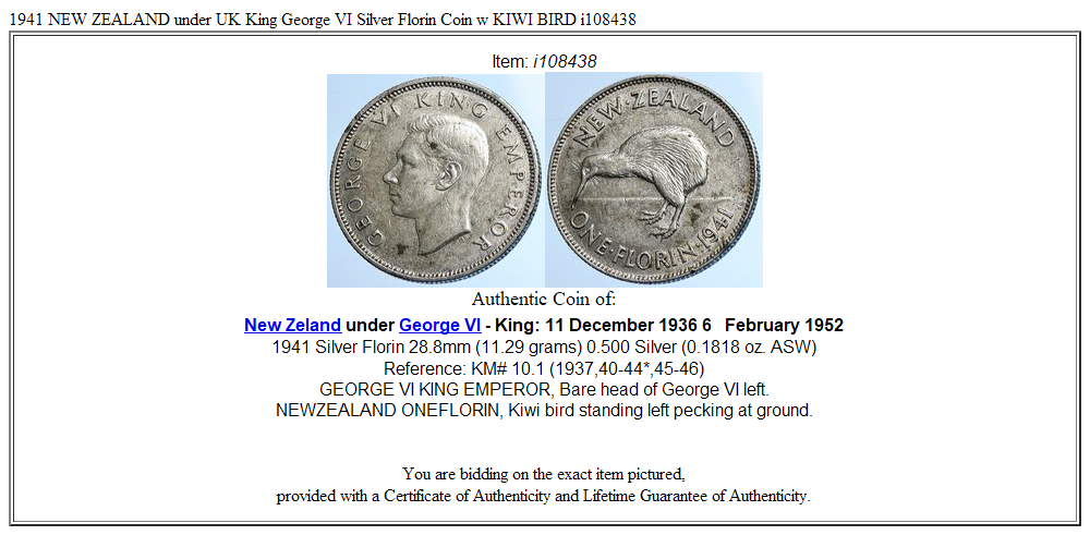 1941 NEW ZEALAND under UK King George VI Silver Florin Coin w KIWI BIRD i108438