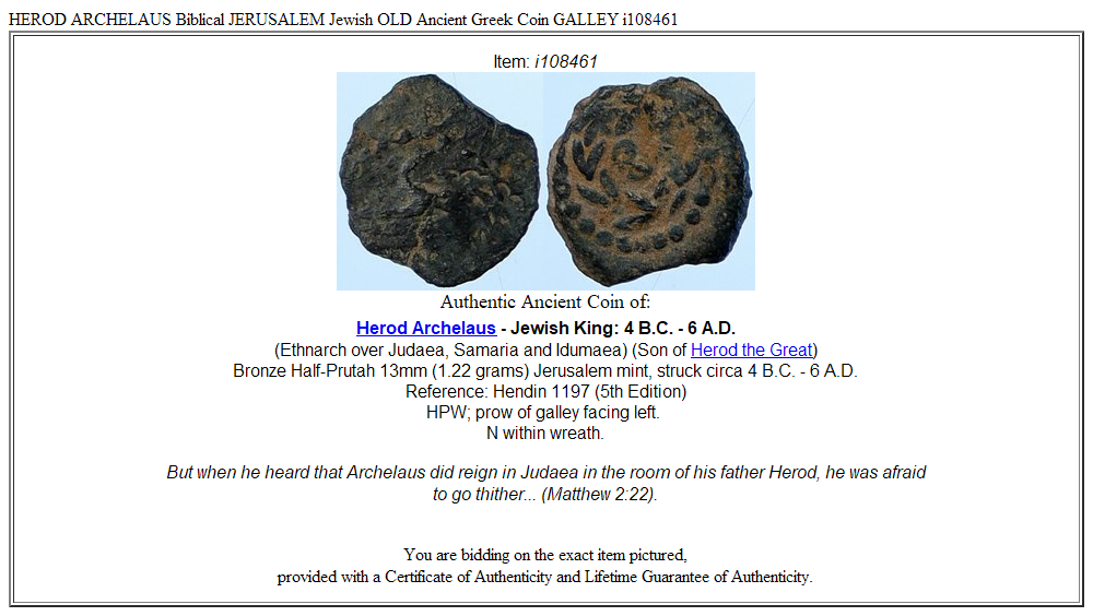 HEROD ARCHELAUS Biblical JERUSALEM Jewish OLD Ancient Greek Coin GALLEY i108461