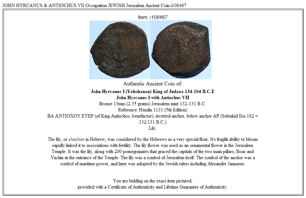 JOHN HYRCANUS & ANTIOCHUS VII Occupation JEWISH Jerusalem Ancient Coin i108467