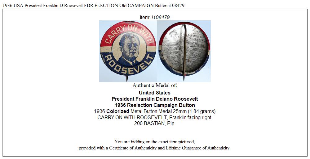 1936 USA President Franklin D Roosevelt FDR ELECTION Old CAMPAIGN Button i108479