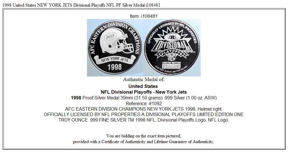 1998 United States NEW YORK JETS Divisional Playoffs NFL PF Silver Medal i108481