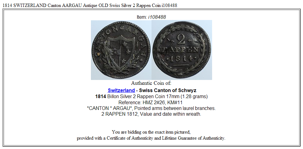 1814 SWITZERLAND Canton AARGAU Antique OLD Swiss Silver 2 Rappen Coin i108488