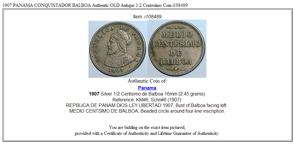 1907 PANAMA CONQUISTADOR BALBOA Authentic OLD Antique 1/2 Centesimo Coin i108489