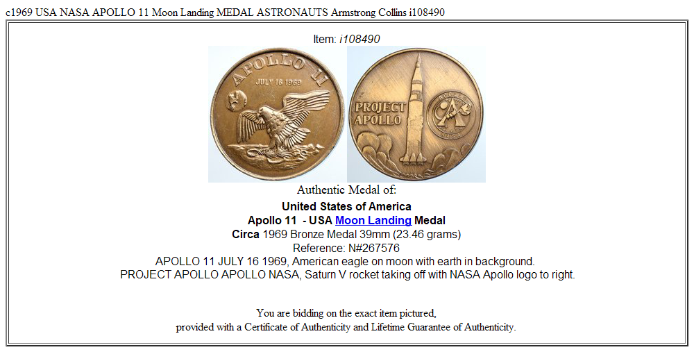 c1969 USA NASA APOLLO 11 Moon Landing MEDAL ASTRONAUTS Armstrong Collins i108490