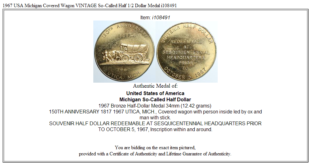 1967 USA Michigan Covered Wagon VINTAGE So-Called Half 1/2 Dollar Medal i108491