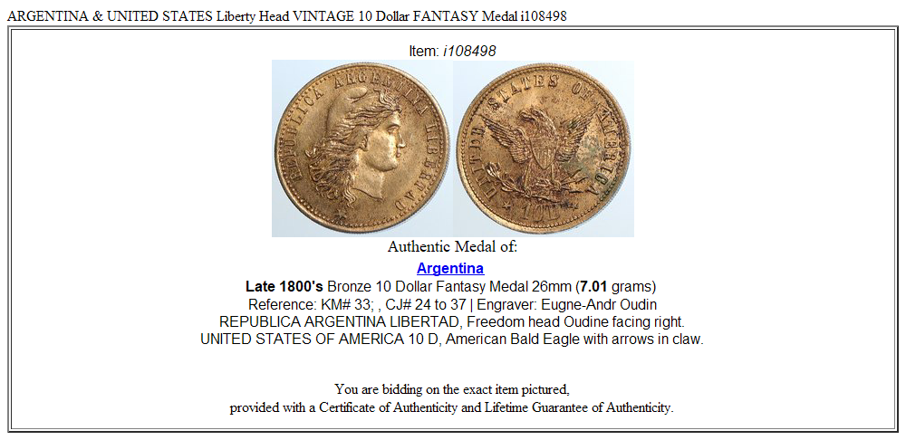 ARGENTINA & UNITED STATES Liberty Head VINTAGE 10 Dollar FANTASY Medal i108498