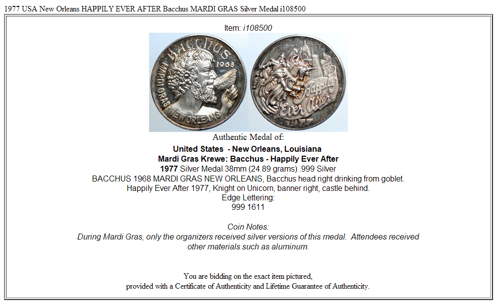 1977 USA New Orleans HAPPILY EVER AFTER Bacchus MARDI GRAS Silver Medal i108500