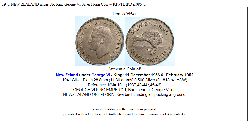 1941 NEW ZEALAND under UK King George VI Silver Florin Coin w KIWI BIRD i108541