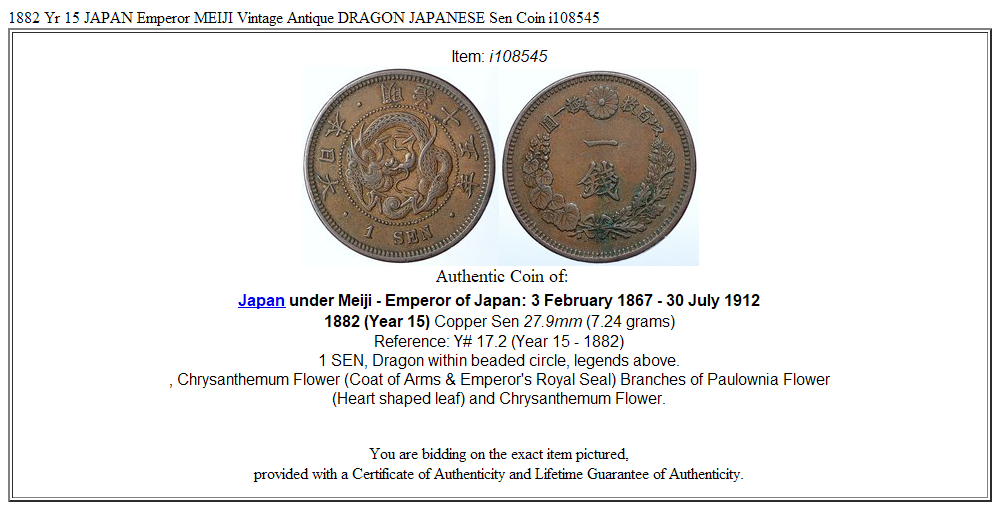 1882 Yr 15 JAPAN Emperor MEIJI Vintage Antique DRAGON JAPANESE Sen Coin i108545