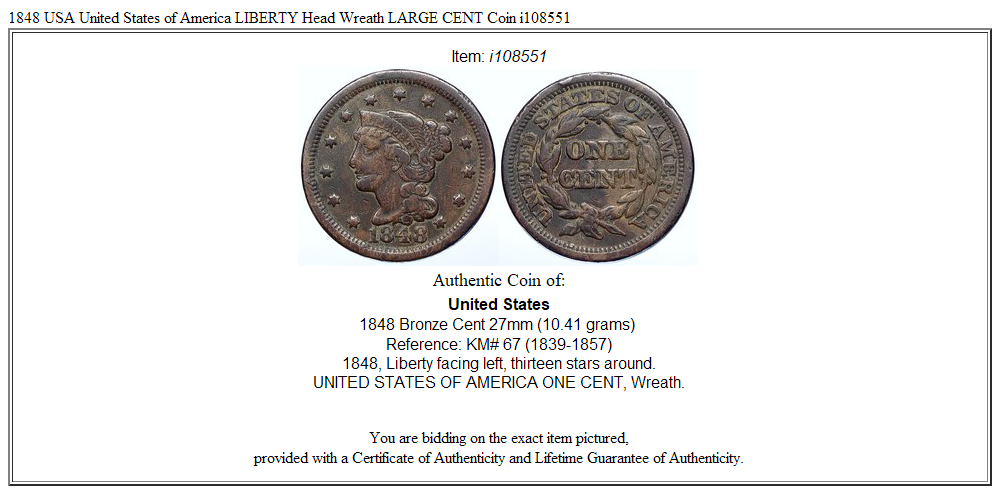 1848 USA United States of America LIBERTY Head Wreath LARGE CENT Coin i108551