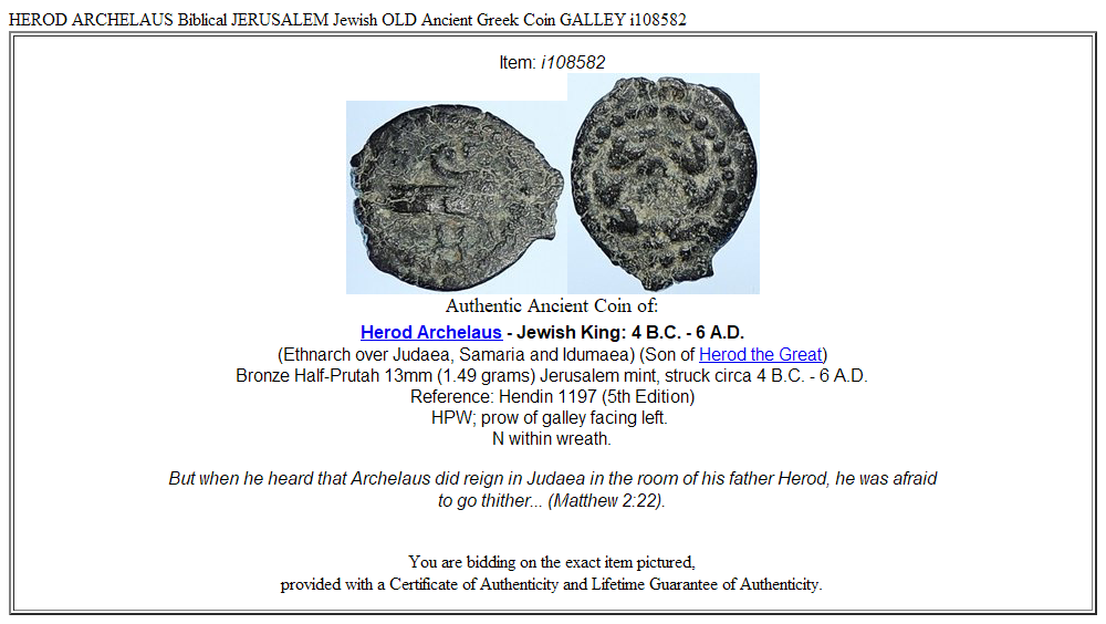 HEROD ARCHELAUS Biblical JERUSALEM Jewish OLD Ancient Greek Coin GALLEY i108582