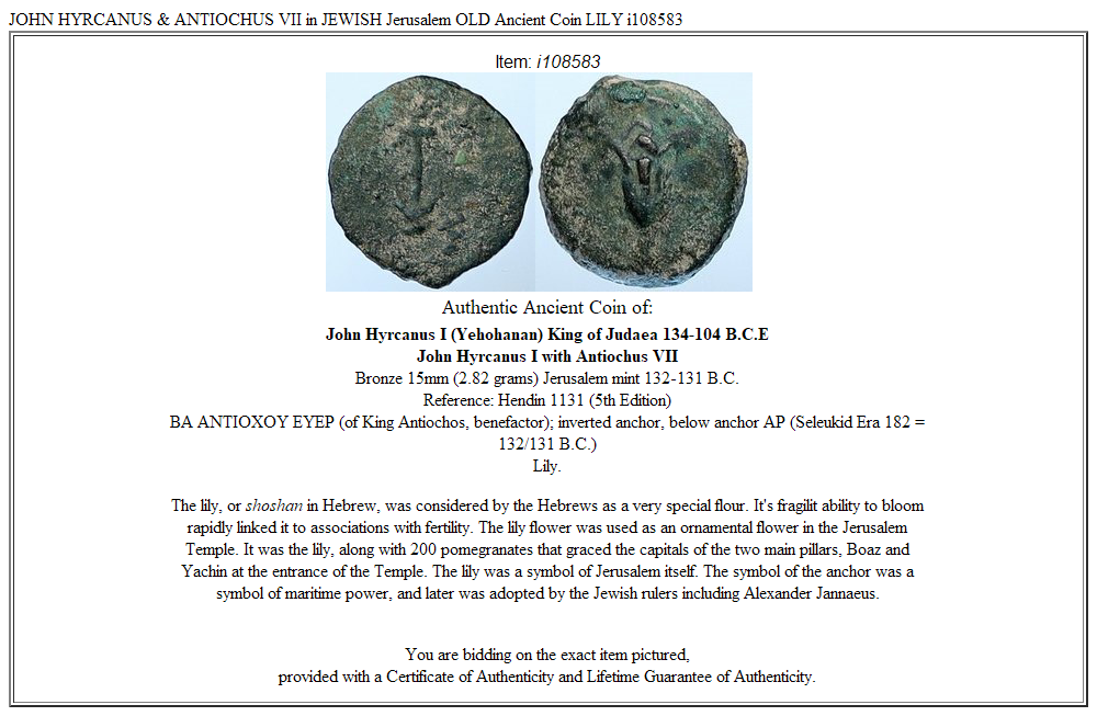 JOHN HYRCANUS & ANTIOCHUS VII in JEWISH Jerusalem OLD Ancient Coin LILY i108583