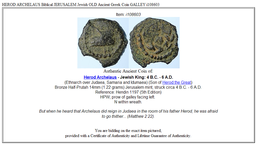 HEROD ARCHELAUS Biblical JERUSALEM Jewish OLD Ancient Greek Coin GALLEY i108603