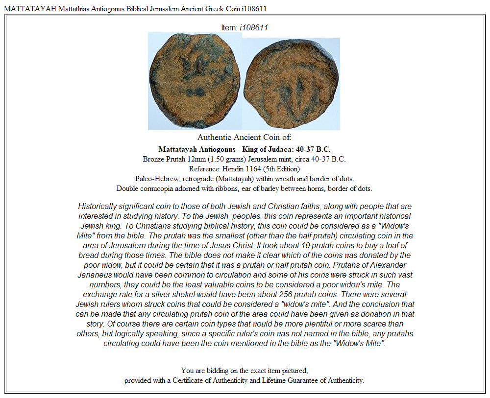 MATTATAYAH Mattathias Antiogonus Biblical Jerusalem Ancient Greek Coin i108611