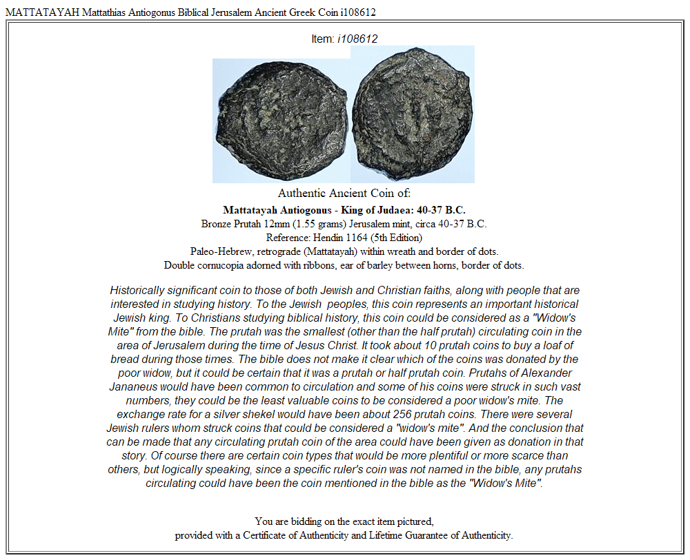 MATTATAYAH Mattathias Antiogonus Biblical Jerusalem Ancient Greek Coin i108612