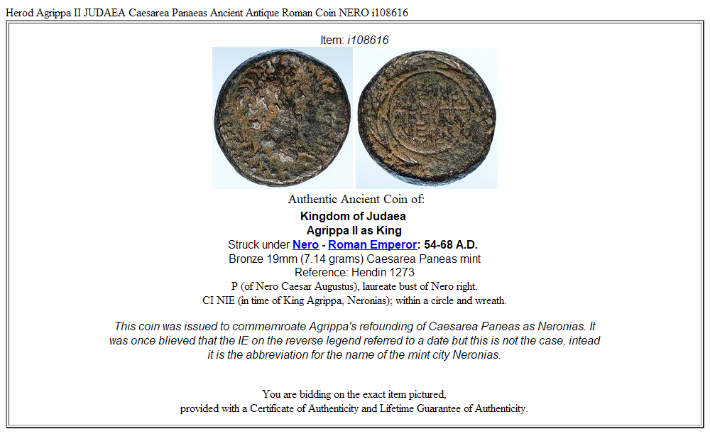 Herod Agrippa II JUDAEA Caesarea Panaeas Ancient Antique Roman Coin NERO i108616