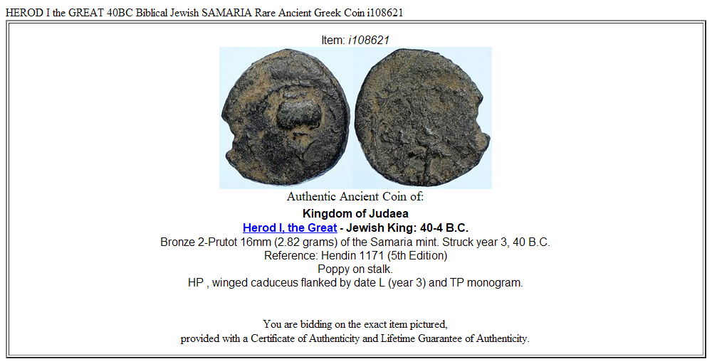 HEROD I the GREAT 40BC Biblical Jewish SAMARIA Rare Ancient Greek Coin i108621