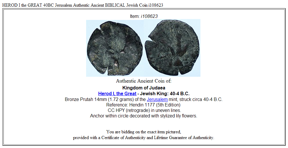 HEROD I the GREAT 40BC Jerusalem Authentic Ancient BIBLICAL Jewish Coin i108623