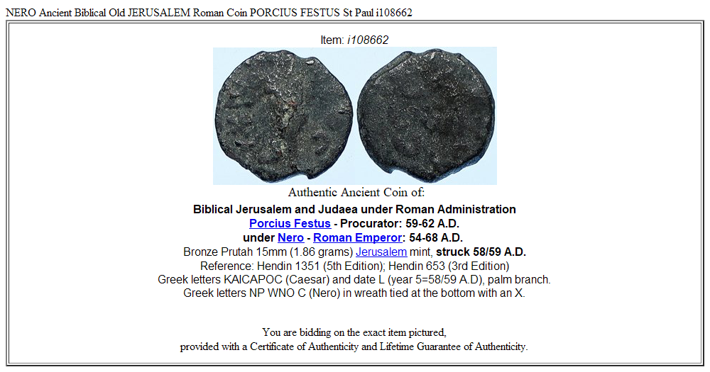 NERO Ancient Biblical Old JERUSALEM Roman Coin PORCIUS FESTUS St Paul i108662