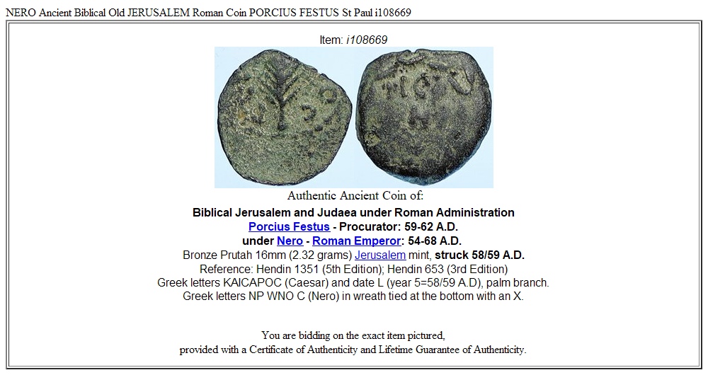 NERO Ancient Biblical Old JERUSALEM Roman Coin PORCIUS FESTUS St Paul i108669