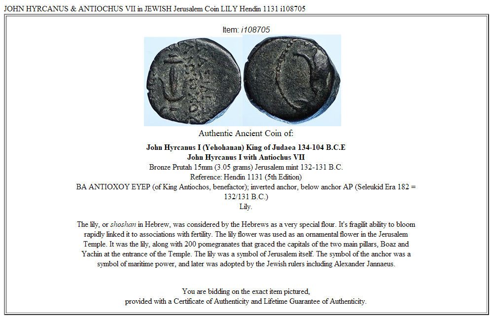 JOHN HYRCANUS & ANTIOCHUS VII in JEWISH Jerusalem Coin LILY Hendin 1131 i108705