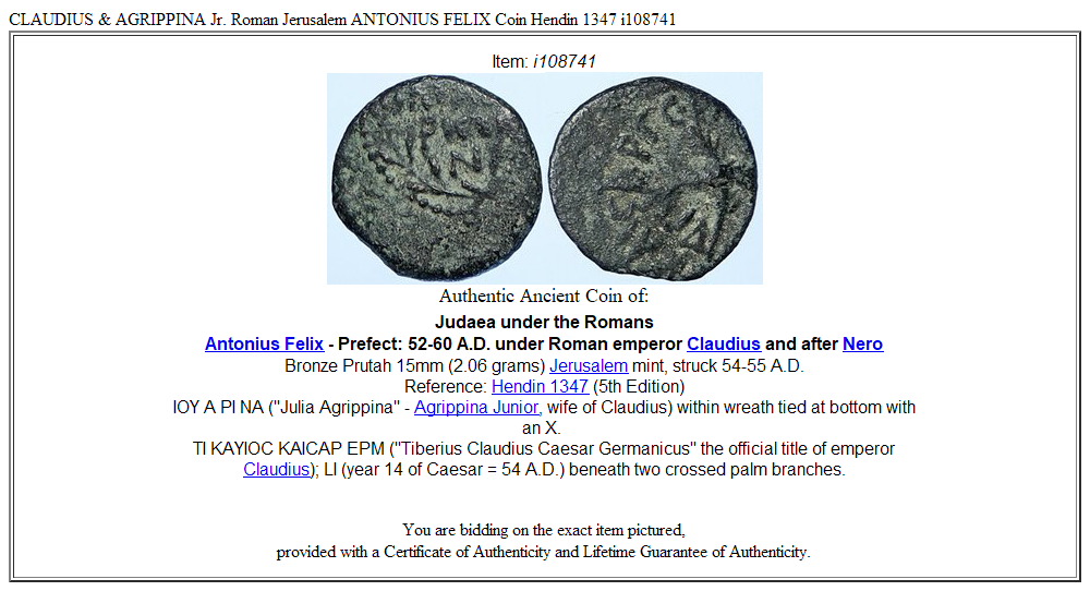 CLAUDIUS & AGRIPPINA Jr. Roman Jerusalem ANTONIUS FELIX Coin Hendin 1347 i108741