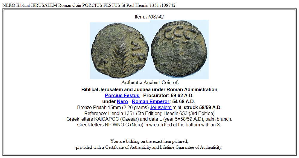 NERO Biblical JERUSALEM Roman Coin PORCIUS FESTUS St Paul Hendin 1351 i108742