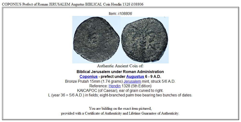 COPONIUS Prefect of Roman JERUSALEM Augustus BIBLICAL Coin Hendin 1328 i108806