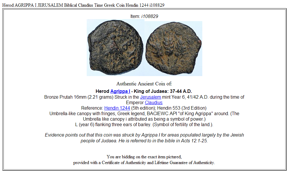 Herod AGRIPPA I JERUSALEM Biblical Claudius Time Greek Coin Hendin 1244 i108829