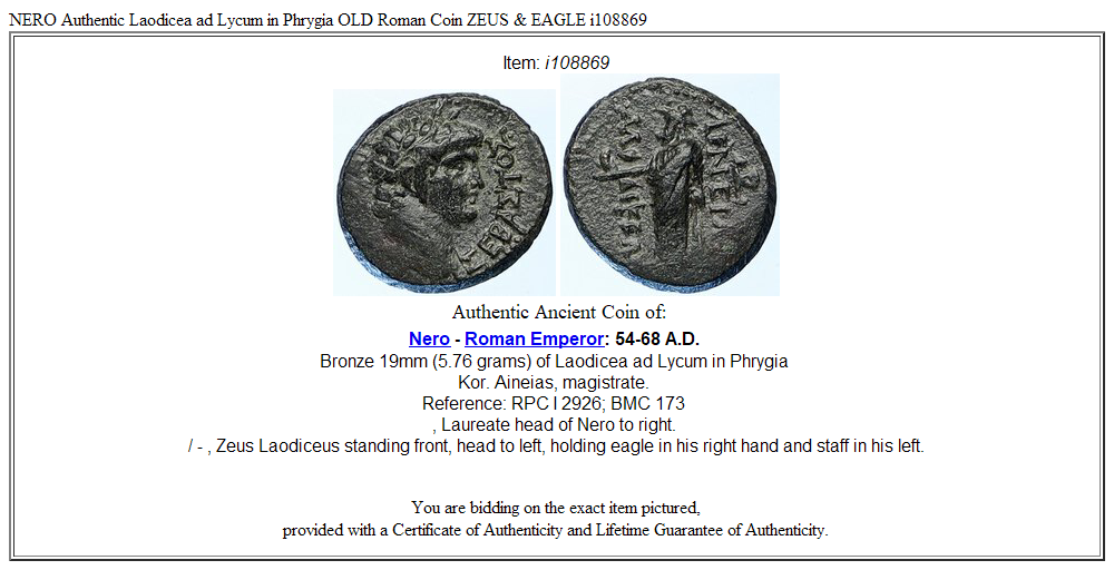 NERO Authentic Laodicea ad Lycum in Phrygia OLD Roman Coin ZEUS & EAGLE i108869