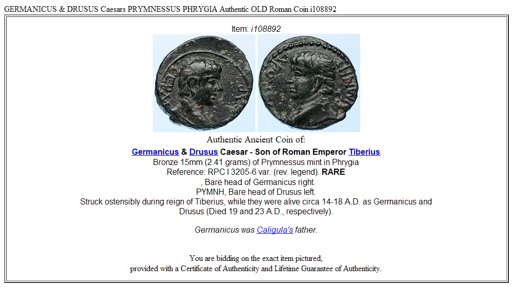 GERMANICUS & DRUSUS Caesars PRYMNESSUS PHRYGIA Authentic OLD Roman Coin i108892