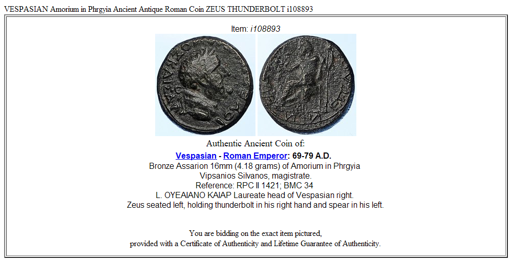 VESPASIAN Amorium in Phrgyia Ancient Antique Roman Coin ZEUS THUNDERBOLT i108893