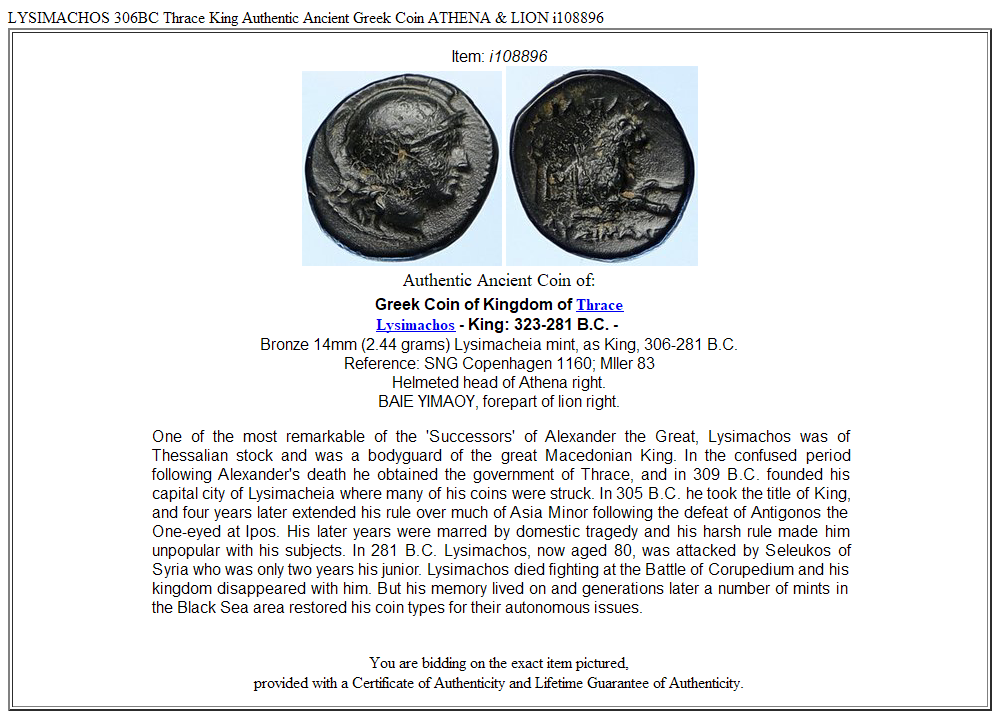 LYSIMACHOS 306BC Thrace King Authentic Ancient Greek Coin ATHENA & LION i108896
