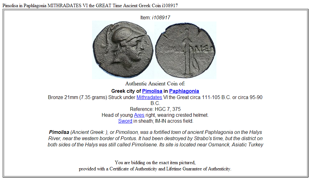 Pimolisa in Paphlagonia MITHRADATES VI the GREAT Time Ancient Greek Coin i108917