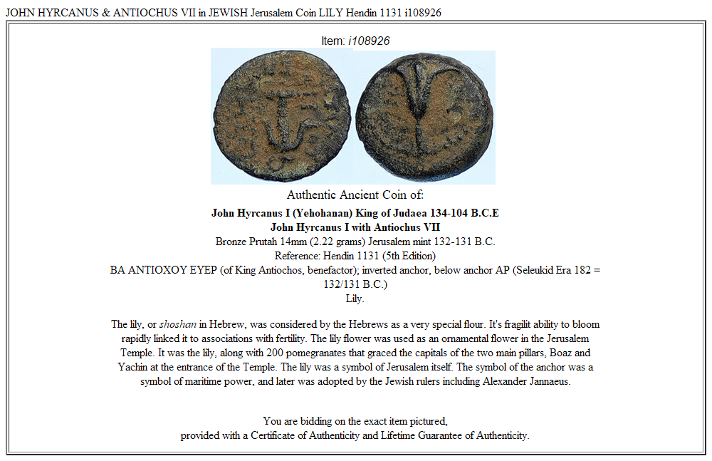 JOHN HYRCANUS & ANTIOCHUS VII in JEWISH Jerusalem Coin LILY Hendin 1131 i108926