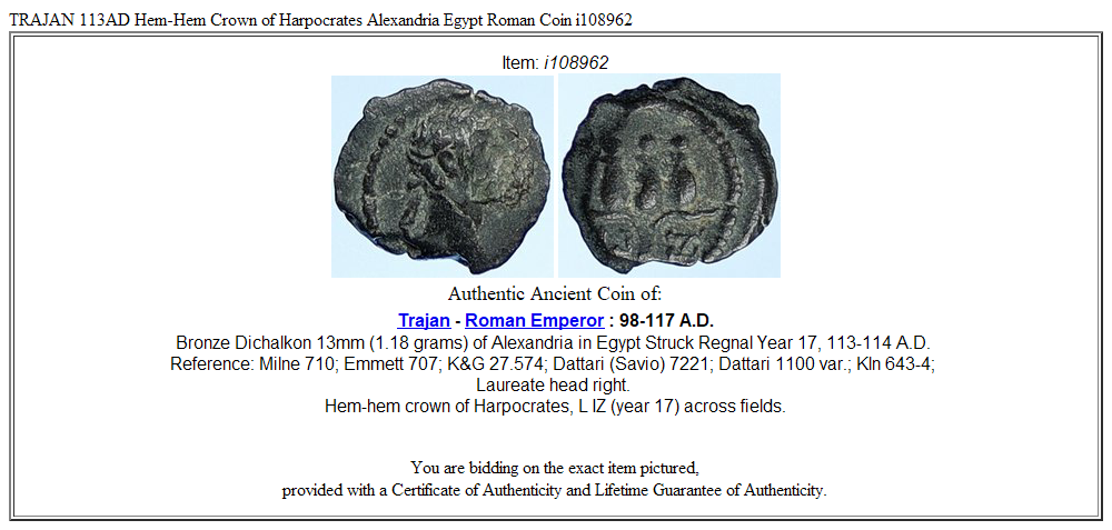 TRAJAN 113AD Hem-Hem Crown of Harpocrates Alexandria Egypt Roman Coin i108962