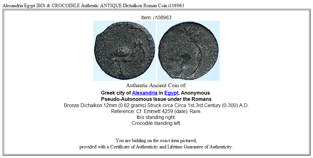 Alexandria Egypt IBIS & CROCODILE Authentic ANTIQUE Dichalkon Roman Coin i108963