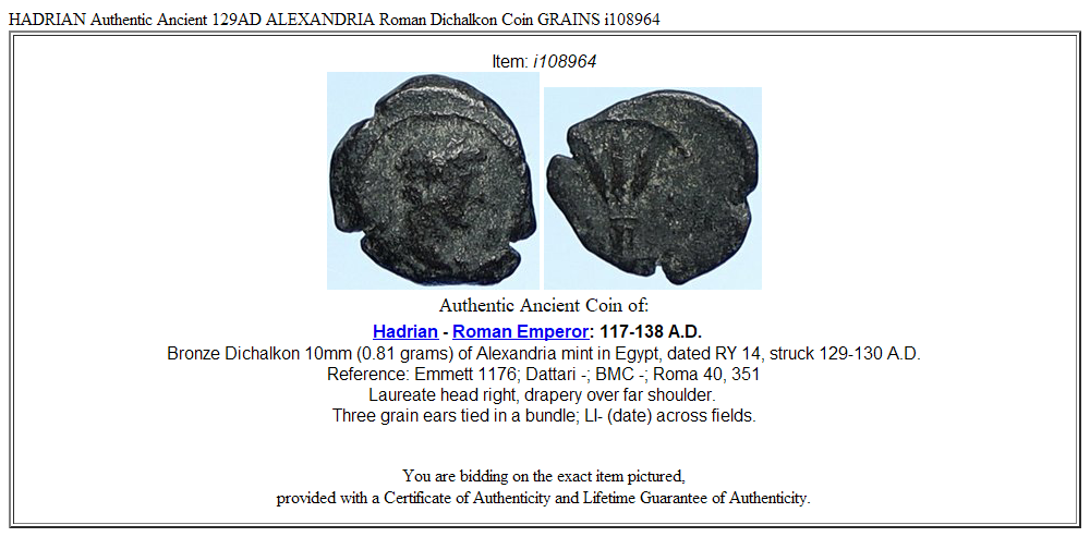 HADRIAN Authentic Ancient 129AD ALEXANDRIA Roman Dichalkon Coin GRAINS i108964