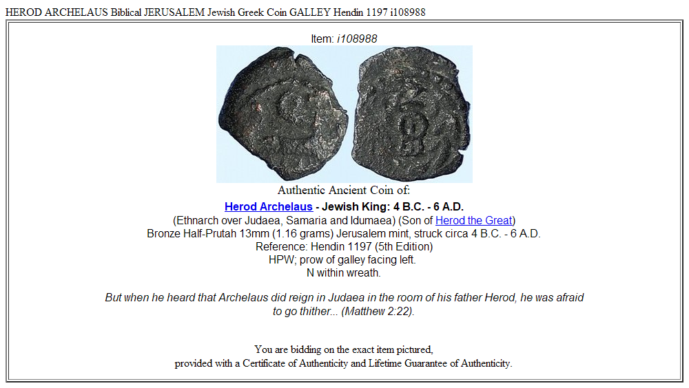 HEROD ARCHELAUS Biblical JERUSALEM Jewish Greek Coin GALLEY Hendin 1197 i108988