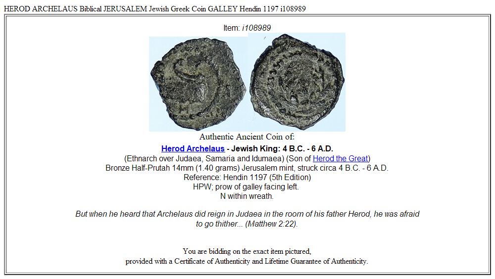 HEROD ARCHELAUS Biblical JERUSALEM Jewish Greek Coin GALLEY Hendin 1197 i108989