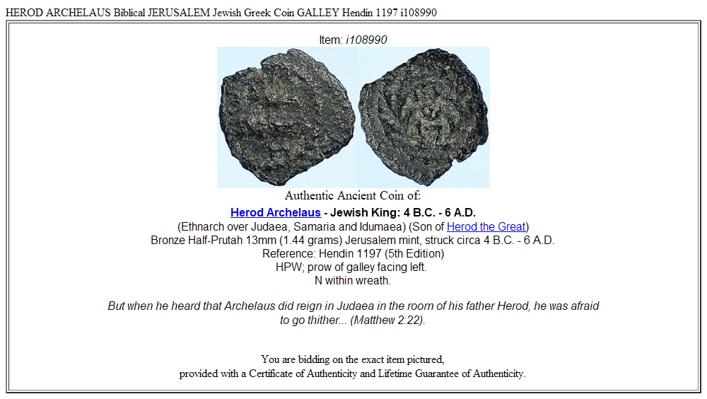 HEROD ARCHELAUS Biblical JERUSALEM Jewish Greek Coin GALLEY Hendin 1197 i108990